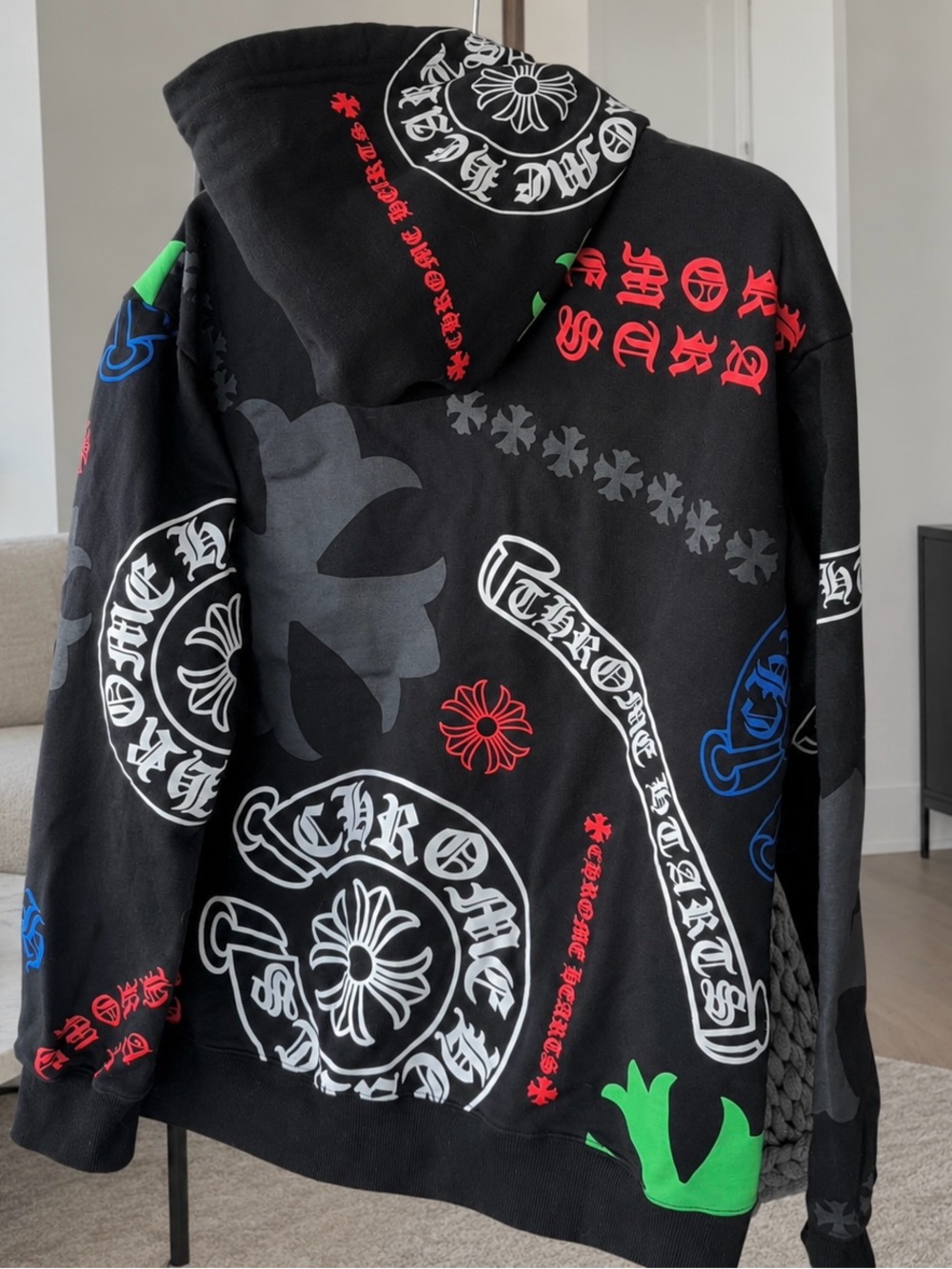 Chrome Hearts Black Stencil Hoodie with Multicolor Logos